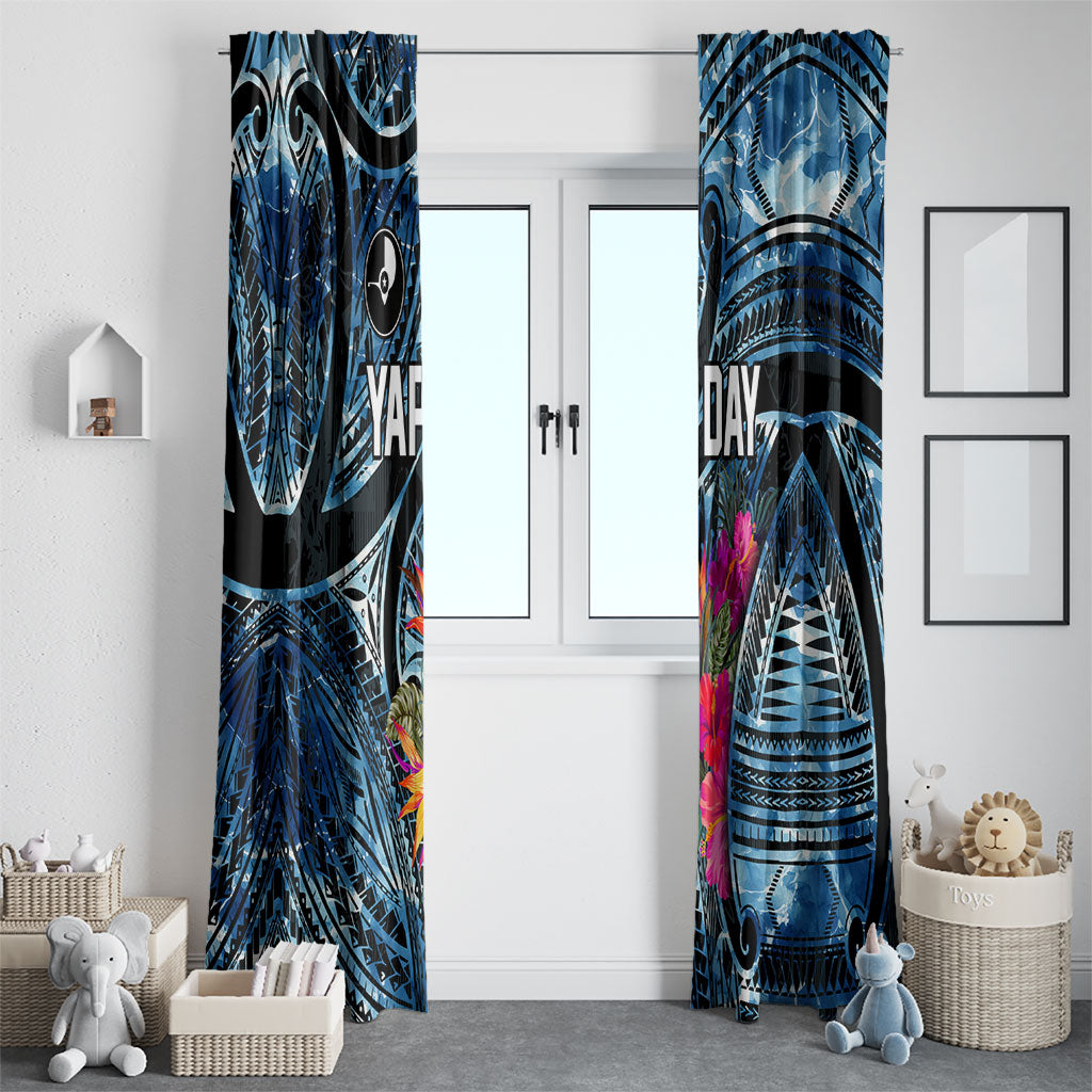 Yap Day Island Floral Tribal Heritage Window Curtain Micronesian Hibiscus Pattern Polynesian Tattoo Blue Art TS04 - Polynesian Pride