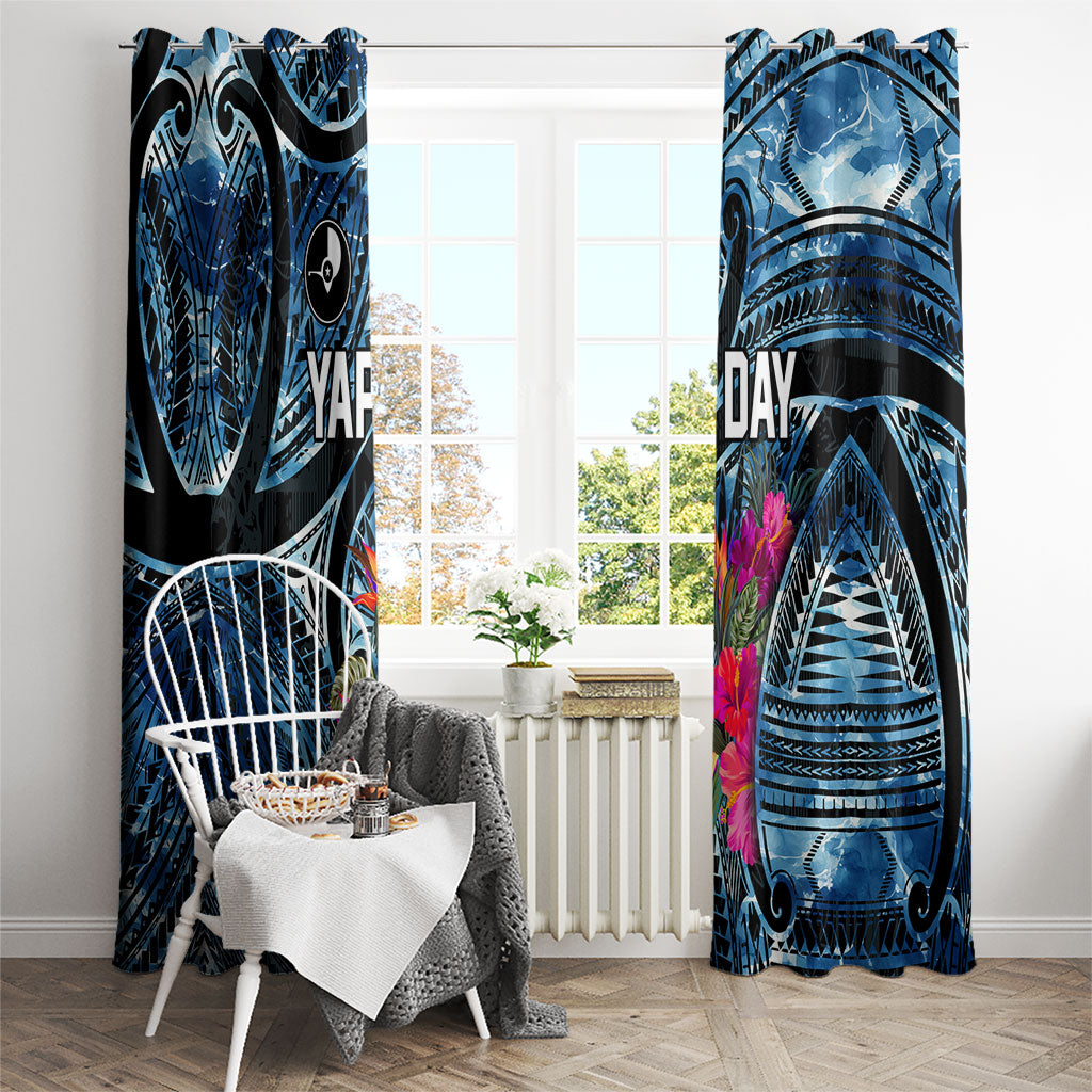 Yap Day Island Floral Tribal Heritage Window Curtain Micronesian Hibiscus Pattern Polynesian Tattoo Blue Art TS04 - Polynesian Pride