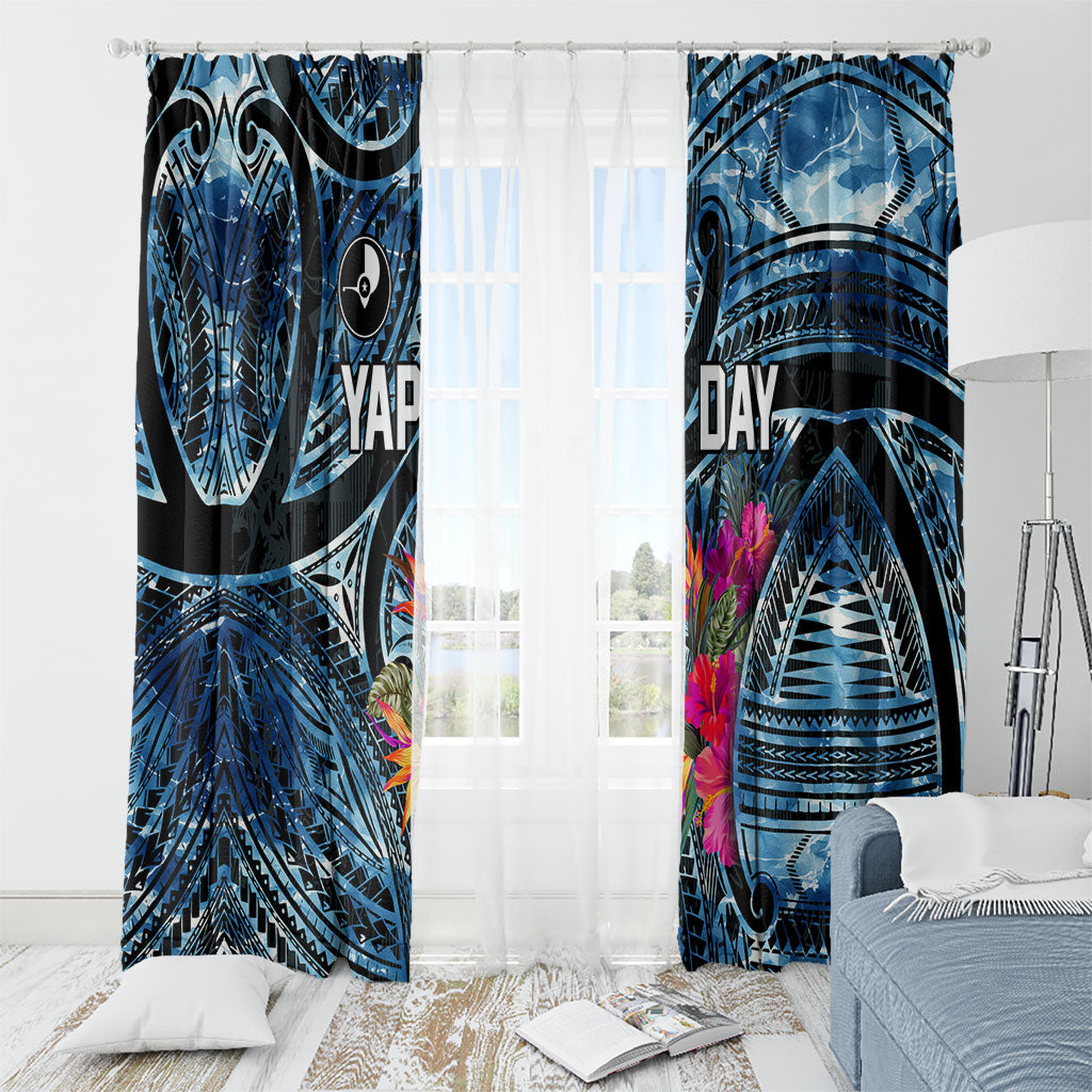 Yap Day Island Floral Tribal Heritage Window Curtain Micronesian Hibiscus Pattern Polynesian Tattoo Blue Art TS04 - Polynesian Pride