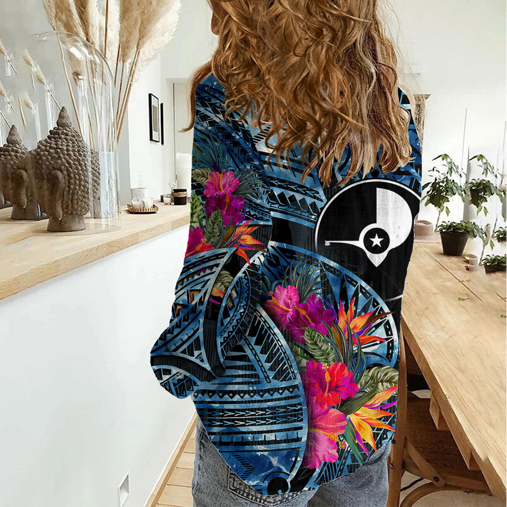 Yap Day Island Floral Tribal Heritage Women Casual Shirt Micronesian Hibiscus Pattern Polynesian Tattoo Blue Art