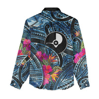 Yap Day Island Floral Tribal Heritage Women Casual Shirt Micronesian Hibiscus Pattern Polynesian Tattoo Blue Art