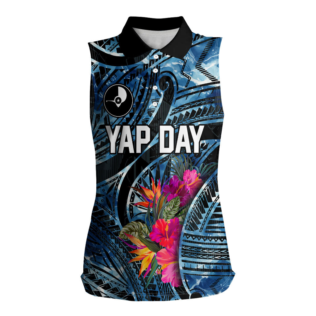 Yap Day Island Floral Tribal Heritage Women Sleeveless Polo Shirt Micronesian Hibiscus Pattern Polynesian Tattoo Blue Art TS04 Female Black Blue - Polynesian Pride