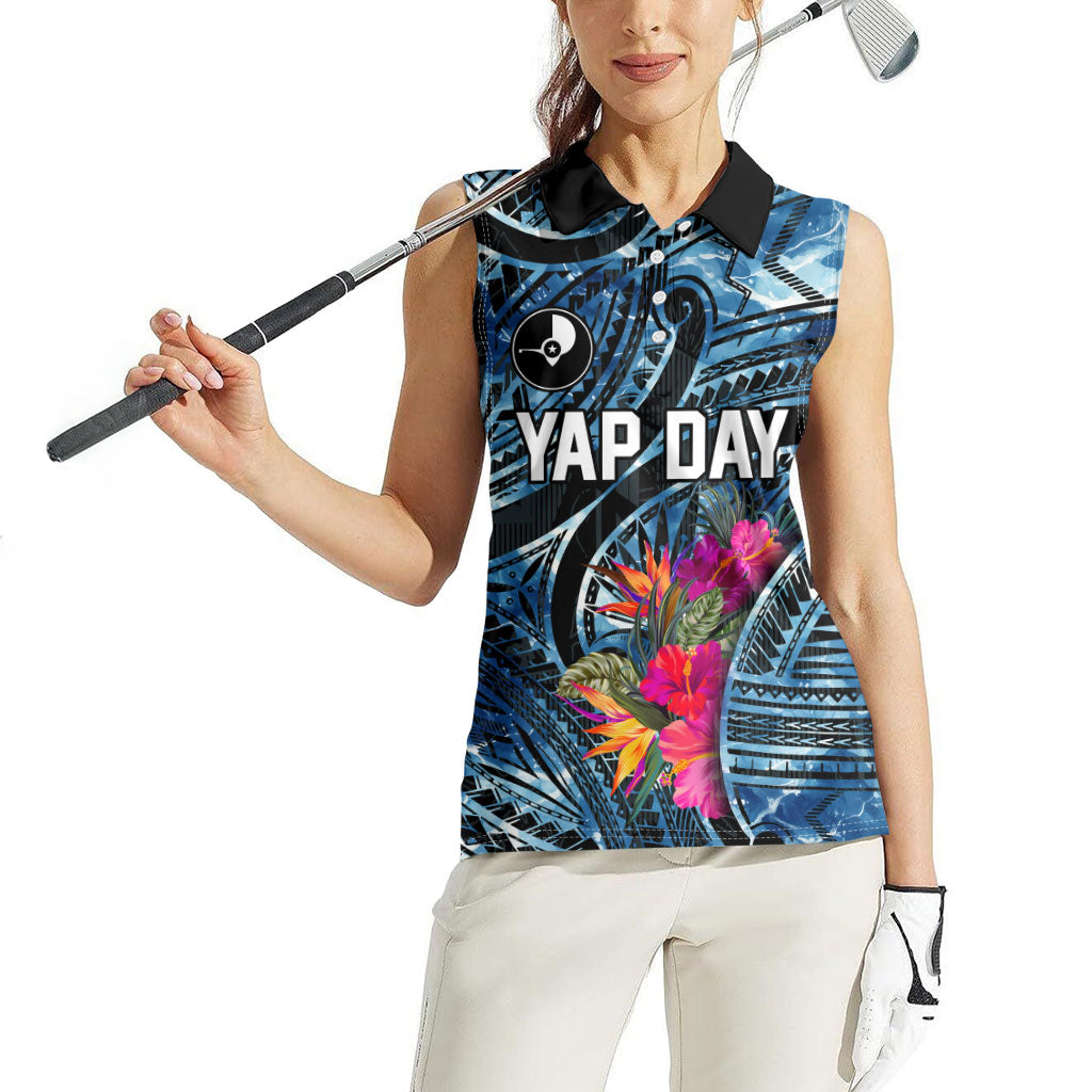 Yap Day Island Floral Tribal Heritage Women Sleeveless Polo Shirt Micronesian Hibiscus Pattern Polynesian Tattoo Blue Art