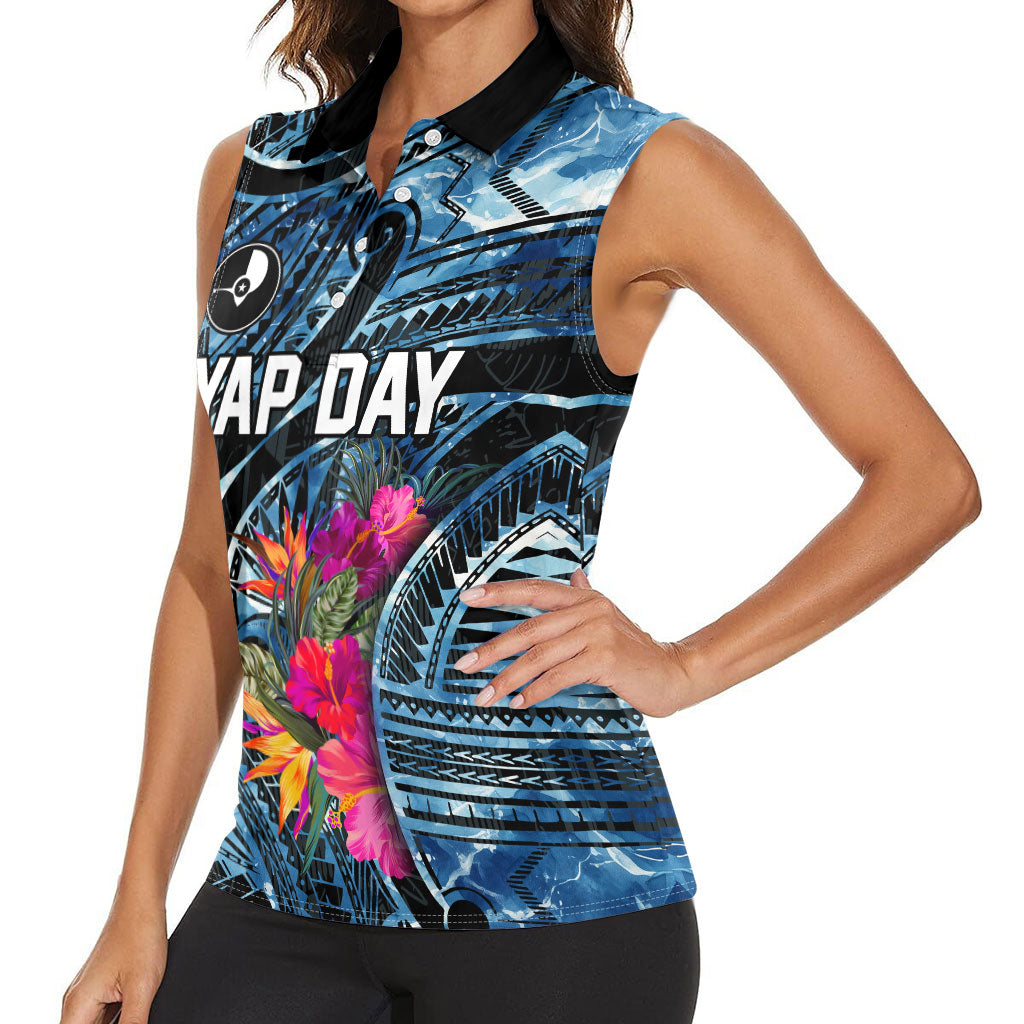 Yap Day Island Floral Tribal Heritage Women Sleeveless Polo Shirt Micronesian Hibiscus Pattern Polynesian Tattoo Blue Art