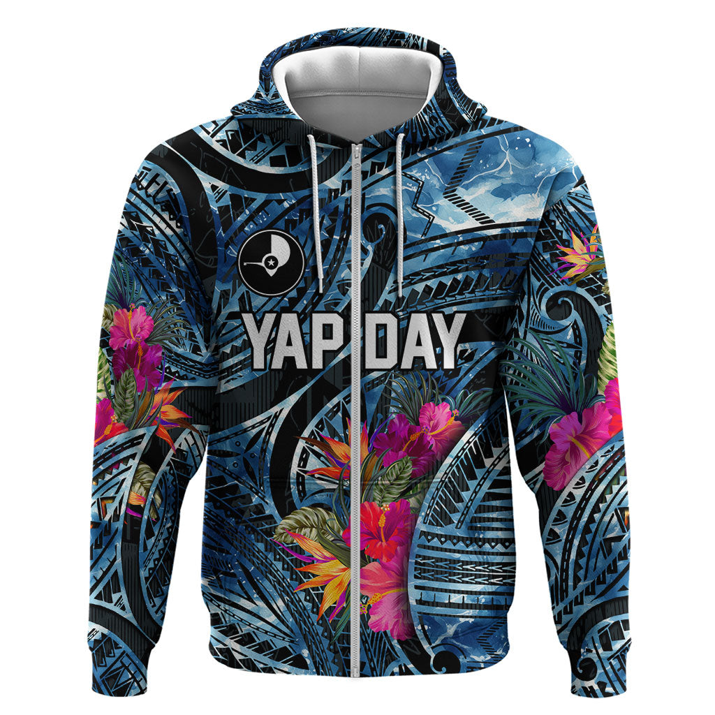 Yap Day Island Floral Tribal Heritage Zip Hoodie Micronesian Hibiscus Pattern Polynesian Tattoo Blue Art TS04 Zip Hoodie Black Blue - Polynesian Pride