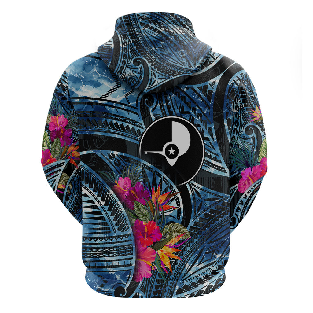 Yap Day Island Floral Tribal Heritage Zip Hoodie Micronesian Hibiscus Pattern Polynesian Tattoo Blue Art TS04 - Polynesian Pride