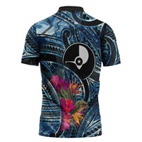 Yap Day Island Floral Tribal Heritage Zipper Polo Shirt Micronesian Hibiscus Pattern Polynesian Tattoo Blue Art
