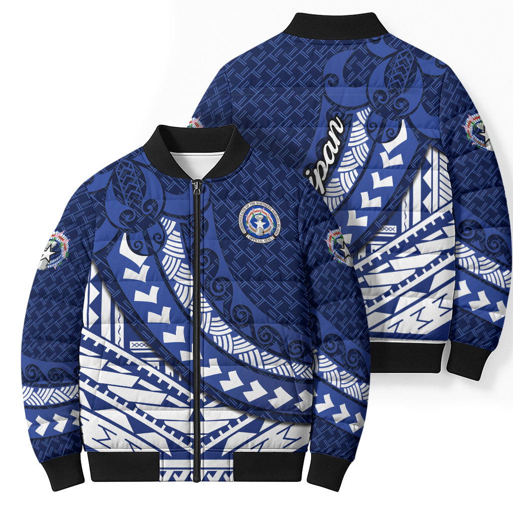 Northern Mariana Islands Saipan Bomber Puffer Jacket Polynesian Tribal Pattern - Commonwealth Seal Art