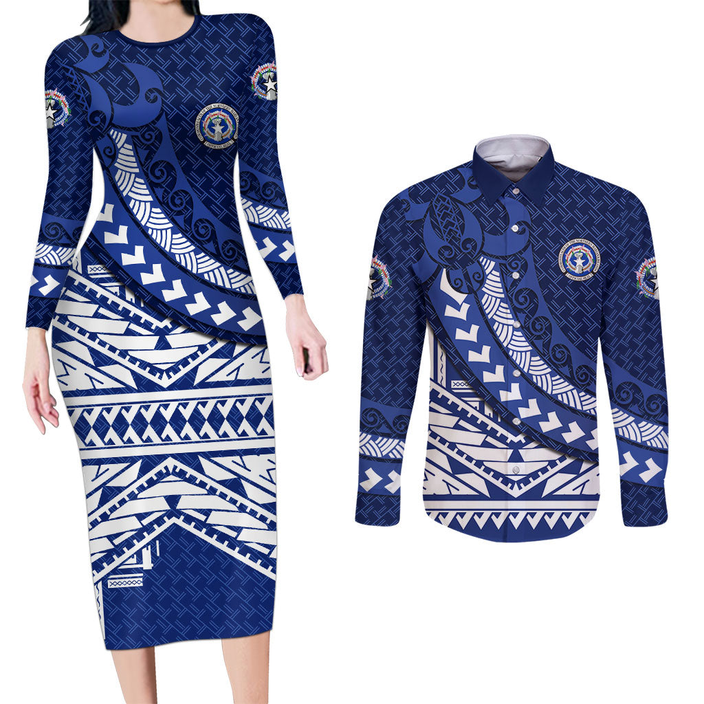 Northern Mariana Islands Saipan Couples Matching Long Sleeve Bodycon Dress and Long Sleeve Button Shirt Polynesian Tribal Pattern - Commonwealth Seal Art TS04 Blue White - Polynesian Pride
