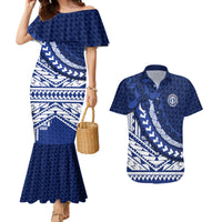 Northern Mariana Islands Saipan Couples Matching Mermaid Dress and Hawaiian Shirt Polynesian Tribal Pattern - Commonwealth Seal Art TS04 Blue White - Polynesian Pride