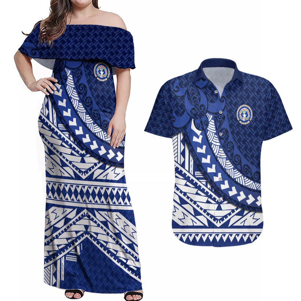 Northern Mariana Islands Saipan Couples Matching Off Shoulder Maxi Dress and Hawaiian Shirt Polynesian Tribal Pattern - Commonwealth Seal Art TS04 Blue White - Polynesian Pride