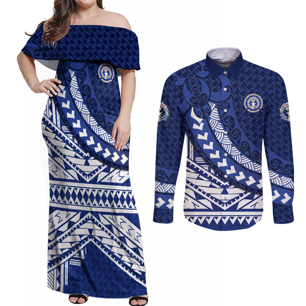 Northern Mariana Islands Saipan Couples Matching Off Shoulder Maxi Dress and Long Sleeve Button Shirt Polynesian Tribal Pattern - Commonwealth Seal Art TS04 Blue White - Polynesian Pride