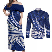 Northern Mariana Islands Saipan Couples Matching Off Shoulder Maxi Dress and Long Sleeve Button Shirt Polynesian Tribal Pattern - Commonwealth Seal Art TS04 Blue White - Polynesian Pride