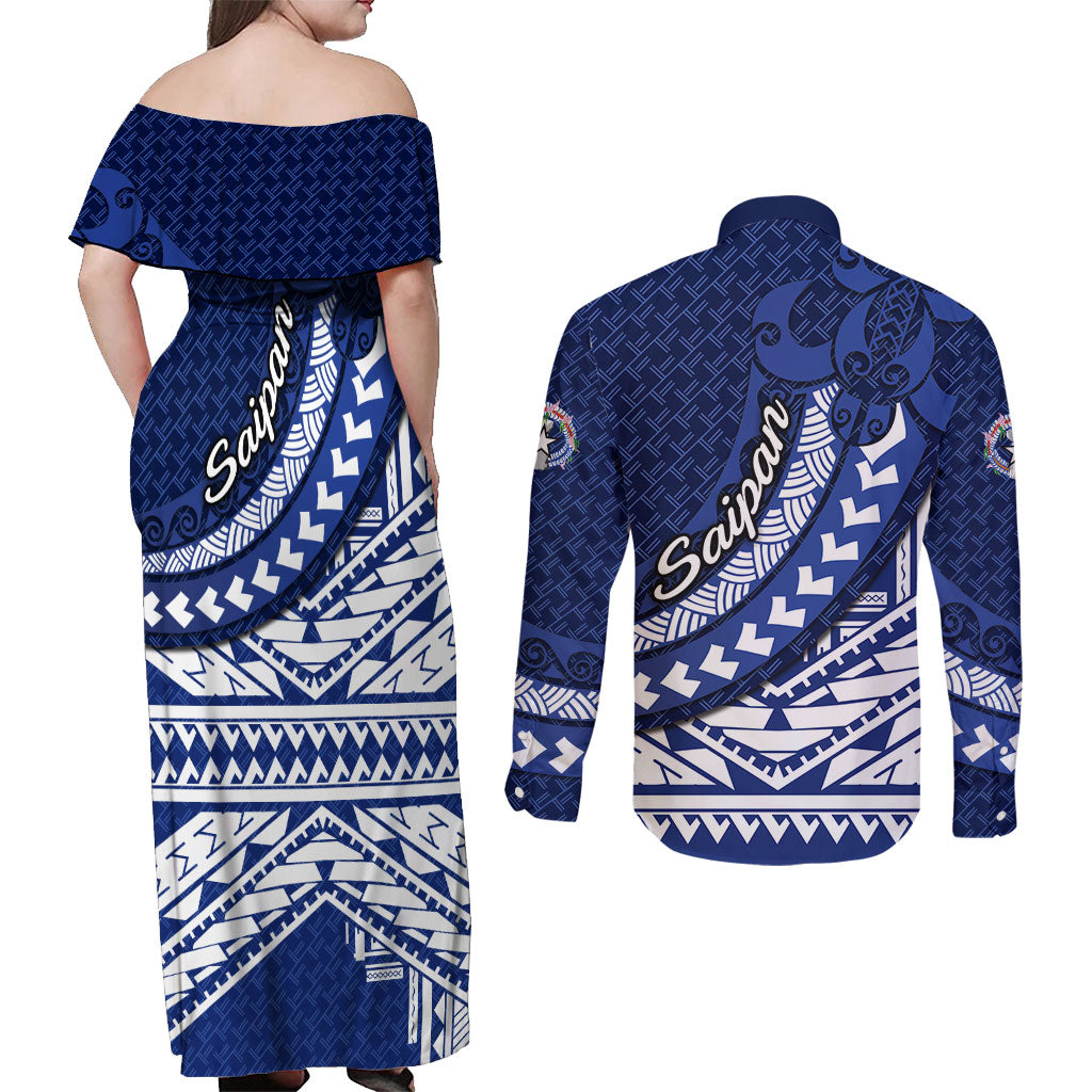 Northern Mariana Islands Saipan Couples Matching Off Shoulder Maxi Dress and Long Sleeve Button Shirt Polynesian Tribal Pattern - Commonwealth Seal Art TS04 - Polynesian Pride