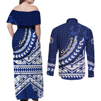 Northern Mariana Islands Saipan Couples Matching Off Shoulder Maxi Dress and Long Sleeve Button Shirt Polynesian Tribal Pattern - Commonwealth Seal Art TS04 - Polynesian Pride