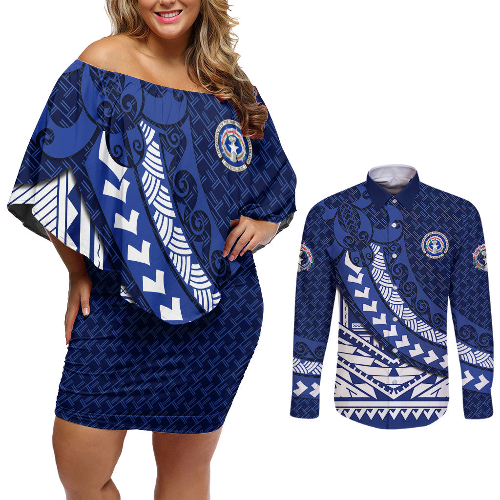 Northern Mariana Islands Saipan Couples Matching Off Shoulder Short Dress and Long Sleeve Button Shirt Polynesian Tribal Pattern - Commonwealth Seal Art TS04 Blue White - Polynesian Pride