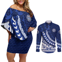 Northern Mariana Islands Saipan Couples Matching Off Shoulder Short Dress and Long Sleeve Button Shirt Polynesian Tribal Pattern - Commonwealth Seal Art TS04 Blue White - Polynesian Pride