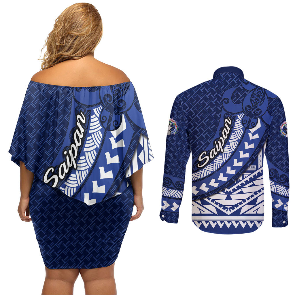 Northern Mariana Islands Saipan Couples Matching Off Shoulder Short Dress and Long Sleeve Button Shirt Polynesian Tribal Pattern - Commonwealth Seal Art TS04 - Polynesian Pride