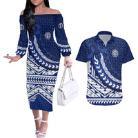 Northern Mariana Islands Saipan Couples Matching Off The Shoulder Long Sleeve Dress and Hawaiian Shirt Polynesian Tribal Pattern - Commonwealth Seal Art TS04 Blue White - Polynesian Pride