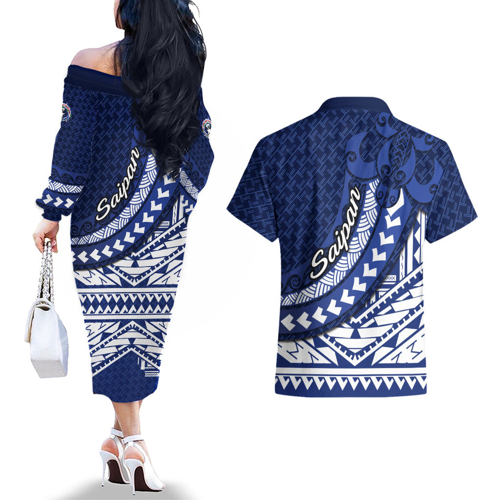 Northern Mariana Islands Saipan Couples Matching Off The Shoulder Long Sleeve Dress and Hawaiian Shirt Polynesian Tribal Pattern - Commonwealth Seal Art TS04 - Polynesian Pride