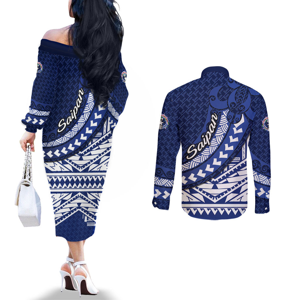 Northern Mariana Islands Saipan Couples Matching Off The Shoulder Long Sleeve Dress and Long Sleeve Button Shirt Polynesian Tribal Pattern - Commonwealth Seal Art TS04 - Polynesian Pride