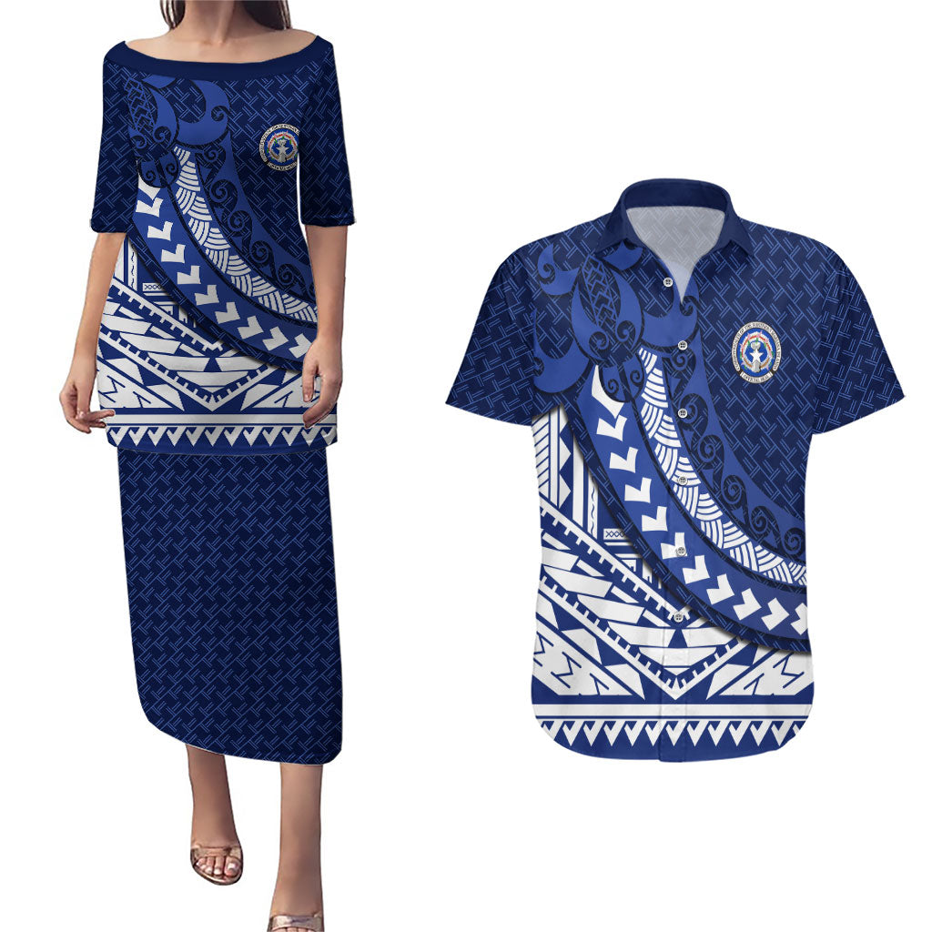 Northern Mariana Islands Saipan Couples Matching Puletasi and Hawaiian Shirt Polynesian Tribal Pattern - Commonwealth Seal Art TS04 Blue White - Polynesian Pride
