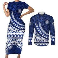 Northern Mariana Islands Saipan Couples Matching Short Sleeve Bodycon Dress and Long Sleeve Button Shirt Polynesian Tribal Pattern - Commonwealth Seal Art TS04 Blue White - Polynesian Pride