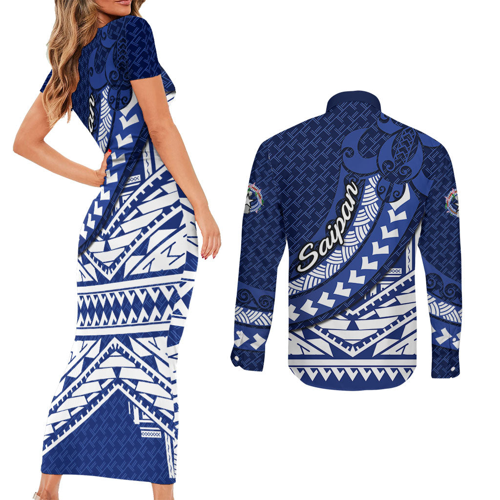 Northern Mariana Islands Saipan Couples Matching Short Sleeve Bodycon Dress and Long Sleeve Button Shirt Polynesian Tribal Pattern - Commonwealth Seal Art TS04 - Polynesian Pride