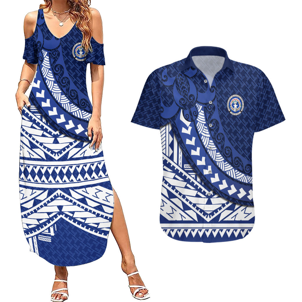 Northern Mariana Islands Saipan Couples Matching Summer Maxi Dress and Hawaiian Shirt Polynesian Tribal Pattern - Commonwealth Seal Art TS04 Blue White - Polynesian Pride