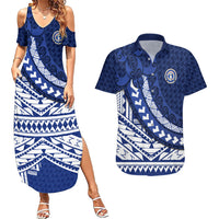 Northern Mariana Islands Saipan Couples Matching Summer Maxi Dress and Hawaiian Shirt Polynesian Tribal Pattern - Commonwealth Seal Art TS04 Blue White - Polynesian Pride