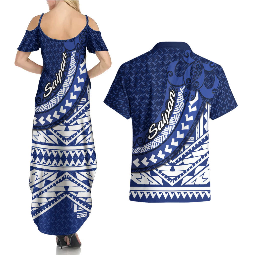 Northern Mariana Islands Saipan Couples Matching Summer Maxi Dress and Hawaiian Shirt Polynesian Tribal Pattern - Commonwealth Seal Art TS04 - Polynesian Pride