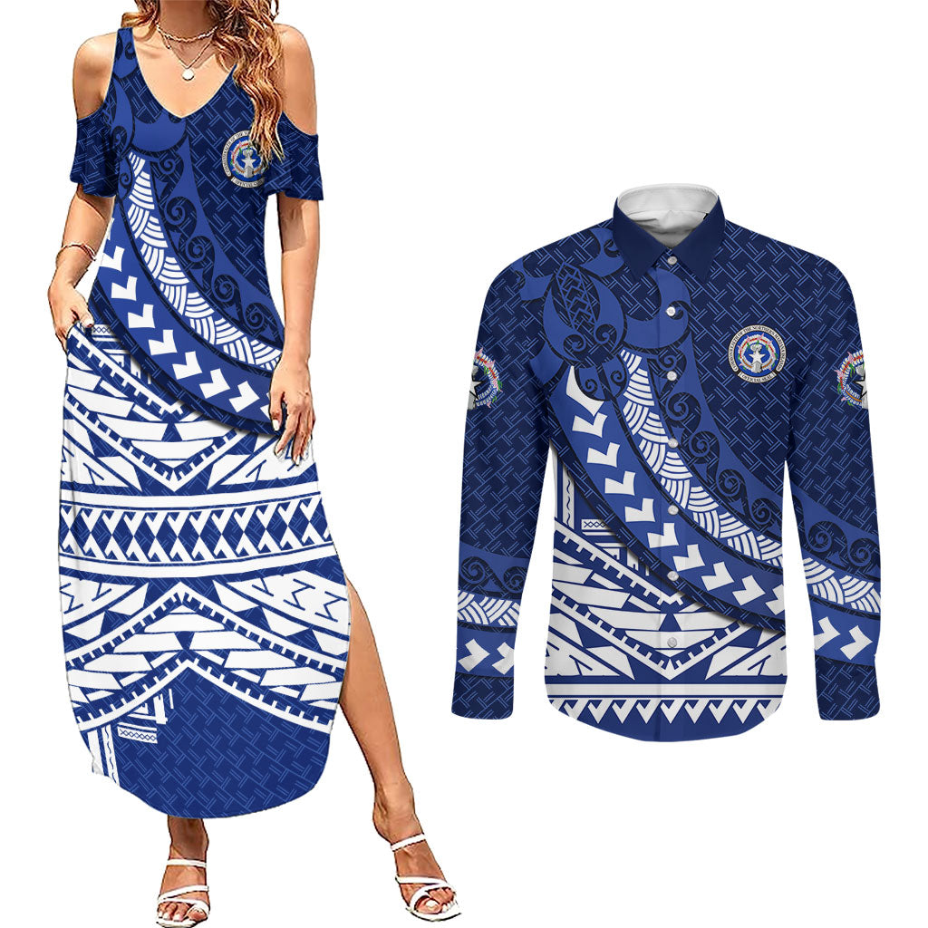 Northern Mariana Islands Saipan Couples Matching Summer Maxi Dress and Long Sleeve Button Shirt Polynesian Tribal Pattern - Commonwealth Seal Art TS04 Blue White - Polynesian Pride