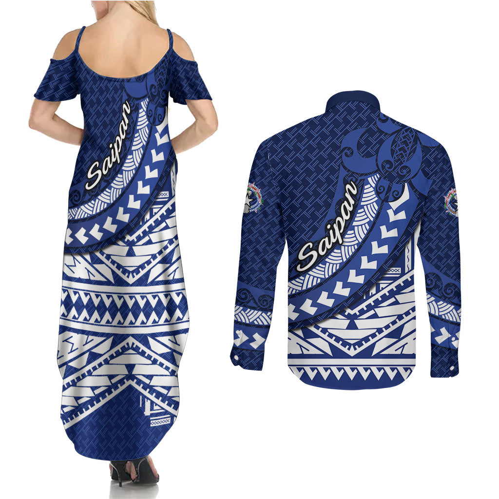 Northern Mariana Islands Saipan Couples Matching Summer Maxi Dress and Long Sleeve Button Shirt Polynesian Tribal Pattern - Commonwealth Seal Art TS04 - Polynesian Pride