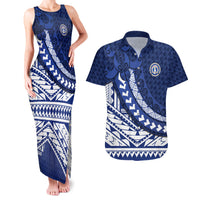 Northern Mariana Islands Saipan Couples Matching Tank Maxi Dress and Hawaiian Shirt Polynesian Tribal Pattern - Commonwealth Seal Art TS04 Blue White - Polynesian Pride