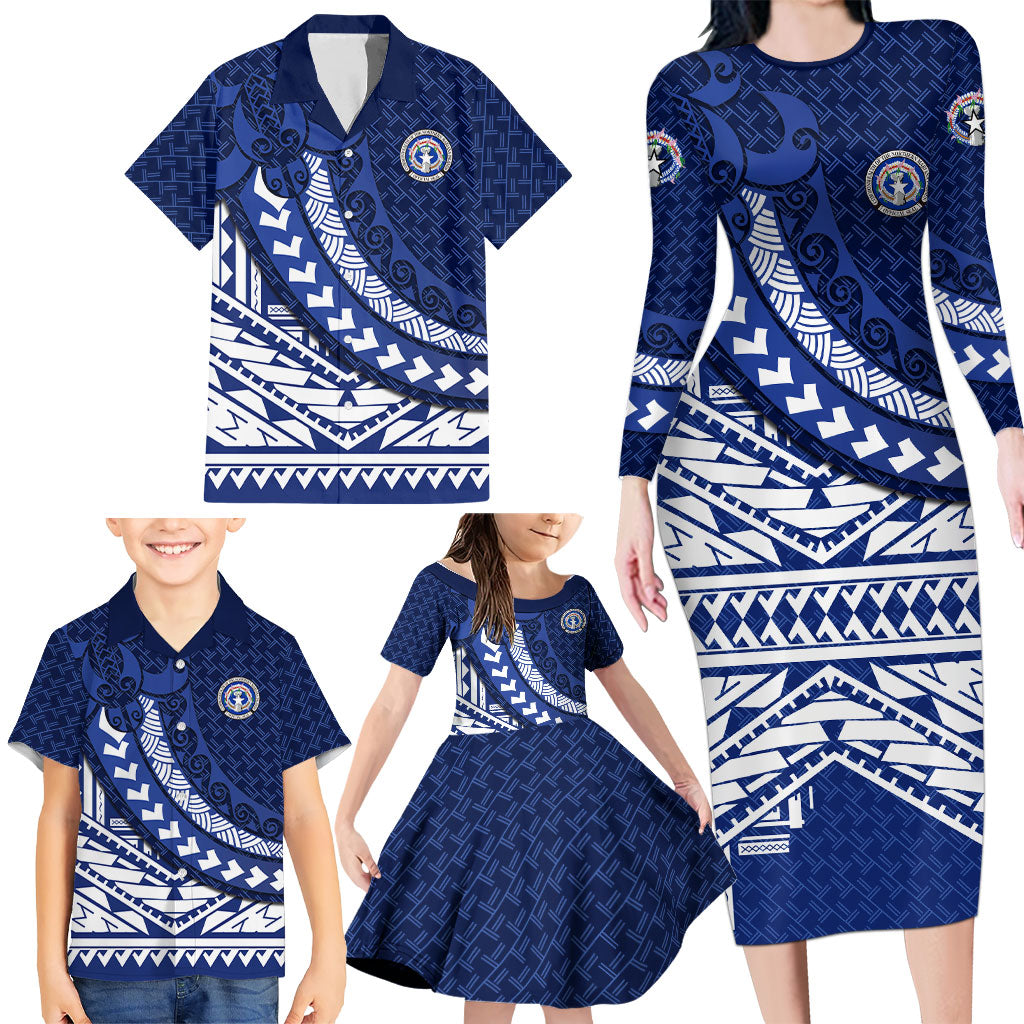 Northern Mariana Islands Saipan Family Matching Long Sleeve Bodycon Dress and Hawaiian Shirt Polynesian Tribal Pattern - Commonwealth Seal Art
