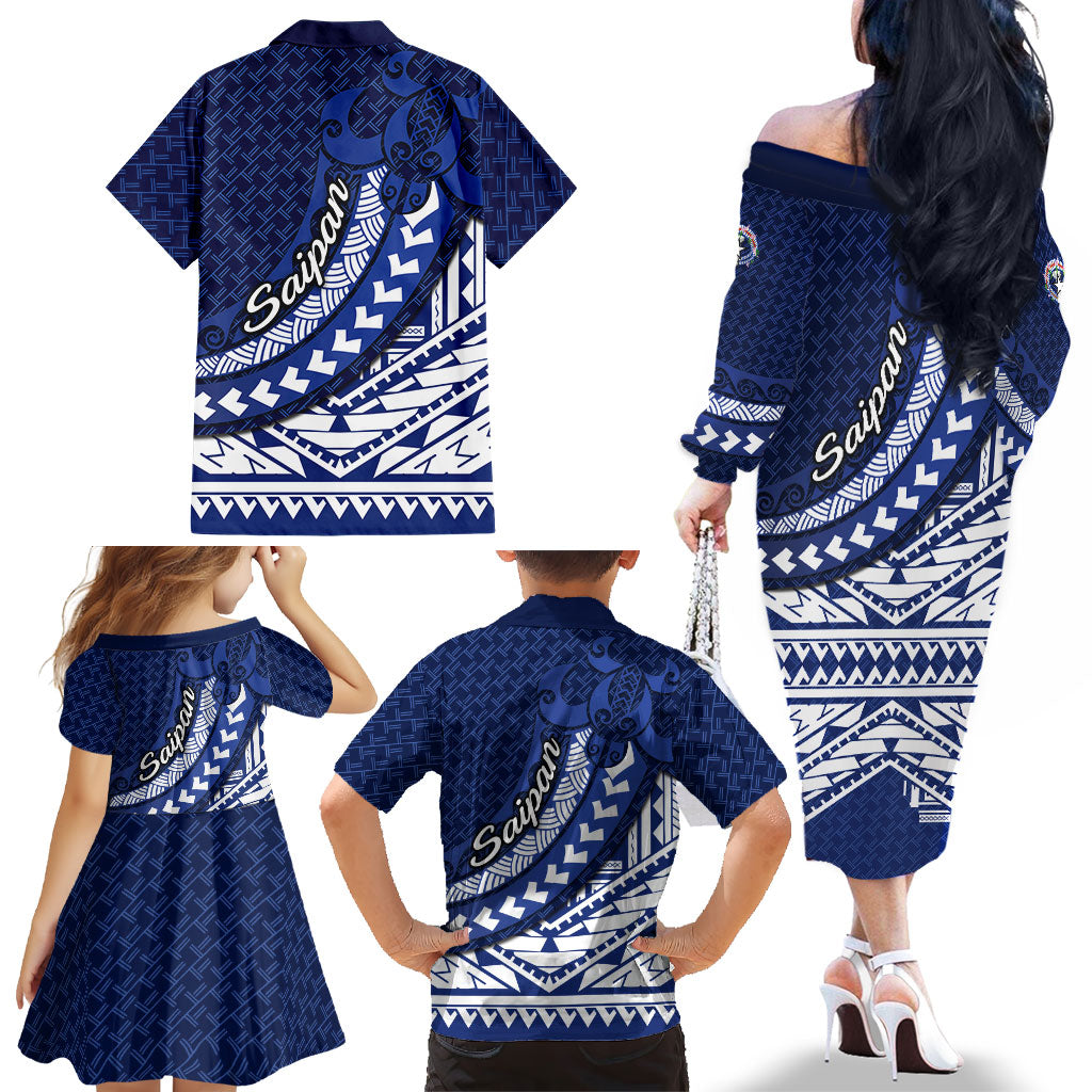 Northern Mariana Islands Saipan Family Matching Off The Shoulder Long Sleeve Dress and Hawaiian Shirt Polynesian Tribal Pattern - Commonwealth Seal Art TS04 - Polynesian Pride
