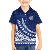 Northern Mariana Islands Saipan Family Matching Off The Shoulder Long Sleeve Dress and Hawaiian Shirt Polynesian Tribal Pattern - Commonwealth Seal Art TS04 Son's Shirt Blue White - Polynesian Pride