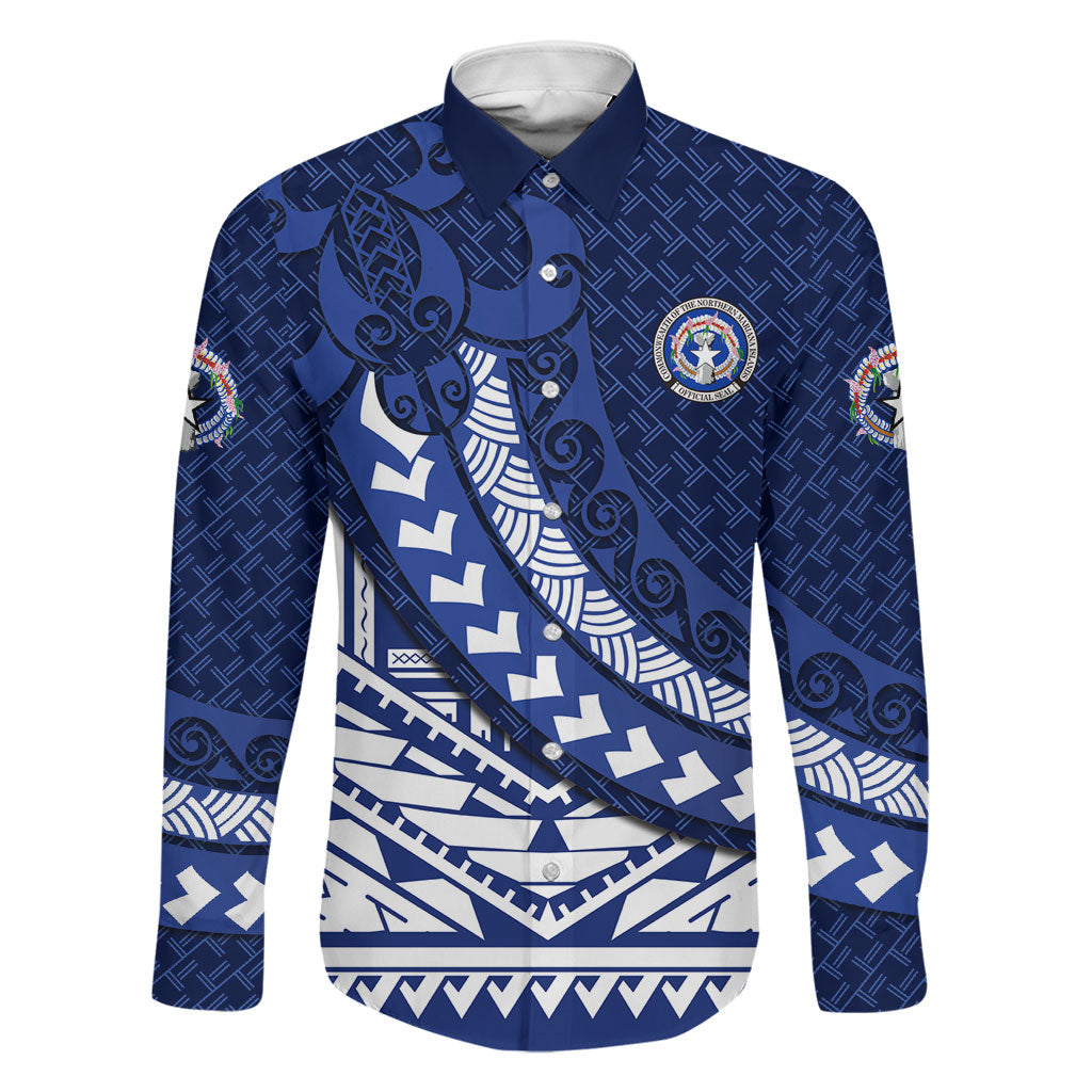 Northern Mariana Islands Saipan Family Matching Off Shoulder Maxi Dress and Hawaiian Shirt Polynesian Tribal Pattern - Commonwealth Seal Art TS04 Dad's Shirt - Long Sleeve Blue White - Polynesian Pride