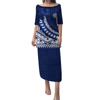 Northern Mariana Islands Saipan Family Matching Puletasi and Hawaiian Shirt Polynesian Tribal Pattern - Commonwealth Seal Art TS04 Mom's Dress Blue White - Polynesian Pride