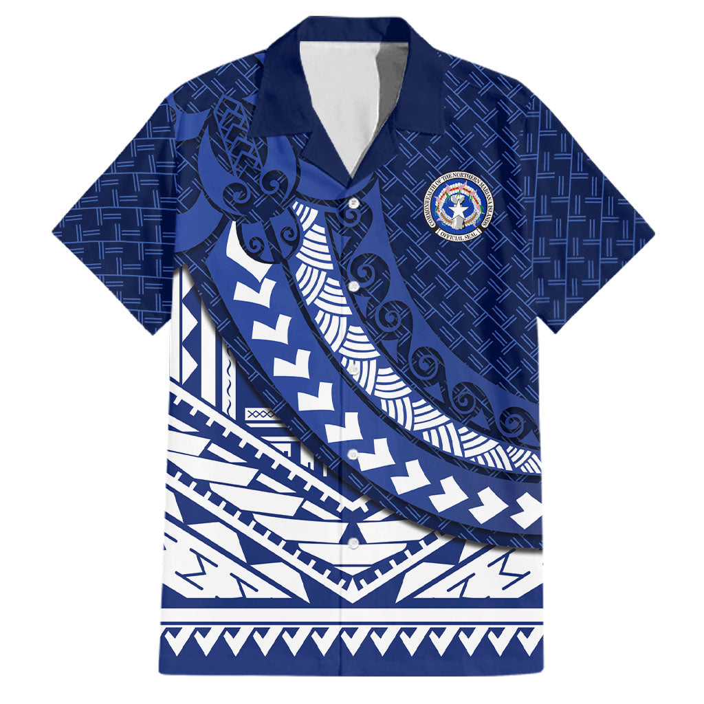 Northern Mariana Islands Saipan Family Matching Summer Maxi Dress and Hawaiian Shirt Polynesian Tribal Pattern - Commonwealth Seal Art TS04 Dad's Shirt - Short Sleeve Blue White - Polynesian Pride