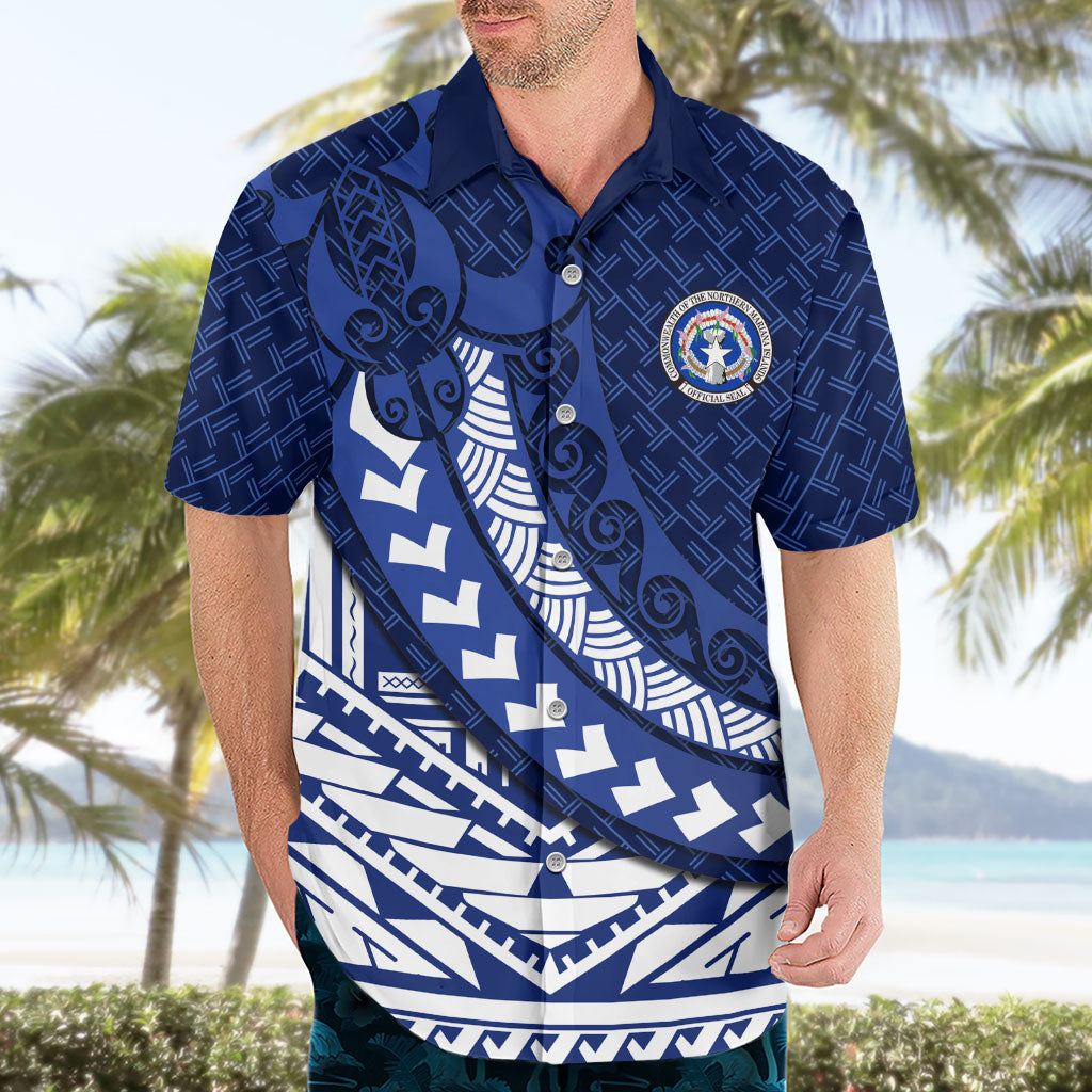 Northern Mariana Islands Saipan Hawaiian Shirt Polynesian Tribal Pattern - Commonwealth Seal Art
