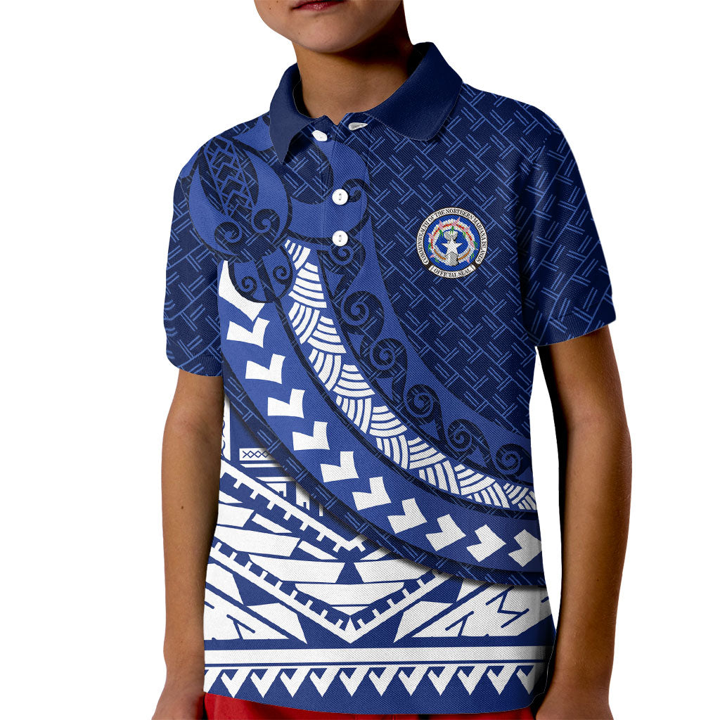 Northern Mariana Islands Saipan Kid Polo Shirt Polynesian Tribal Pattern - Commonwealth Seal Art TS04 Kid Blue White - Polynesian Pride