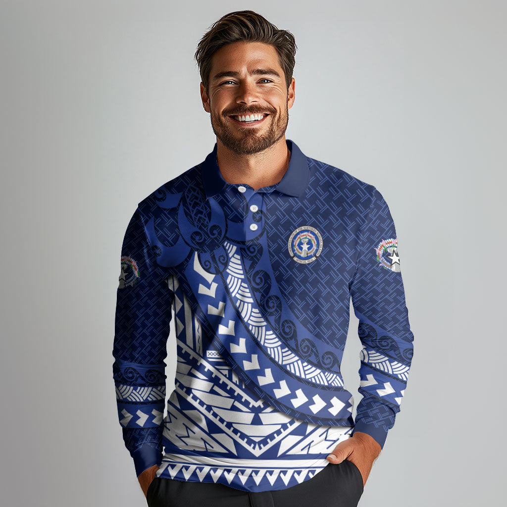 Northern Mariana Islands Saipan Long Sleeve Polo Shirt Polynesian Tribal Pattern - Commonwealth Seal Art