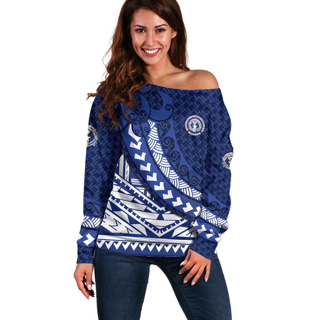 Northern Mariana Islands Saipan Off Shoulder Sweater Polynesian Tribal Pattern - Commonwealth Seal Art