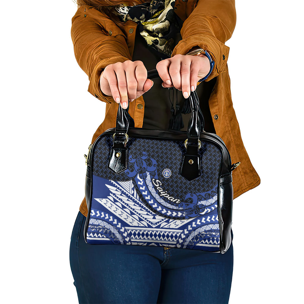 Northern Mariana Islands Saipan Shoulder Handbag Polynesian Tribal Pattern - Commonwealth Seal Art TS04 One Size Blue White - Polynesian Pride
