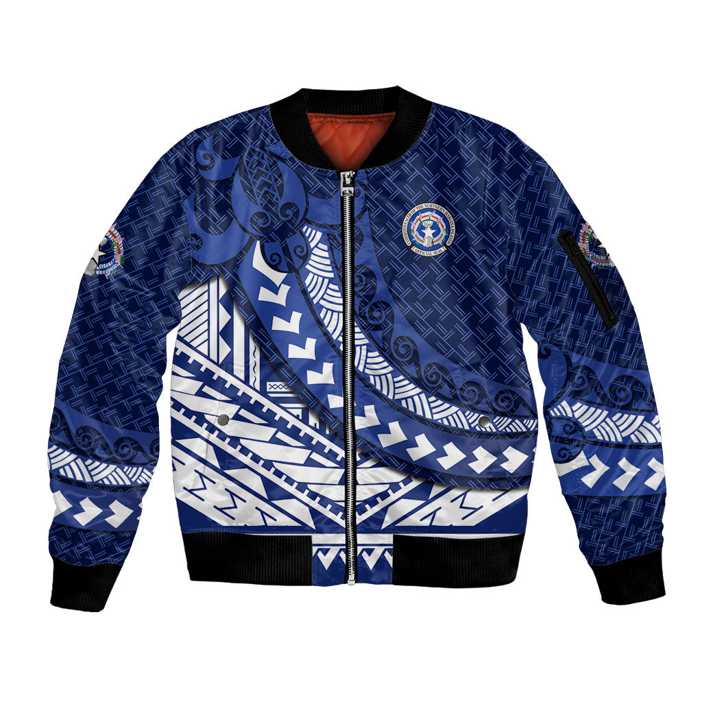 Northern Mariana Islands Saipan Sleeve Zip Bomber Jacket Polynesian Tribal Pattern - Commonwealth Seal Art