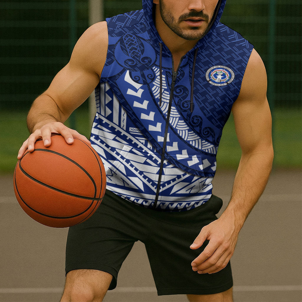 Northern Mariana Islands Saipan Sleeveless Zip Hoodie Polynesian Tribal Pattern - Commonwealth Seal Art