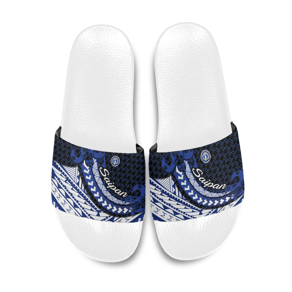 Northern Mariana Islands Saipan Slide Sandals Polynesian Tribal Pattern - Commonwealth Seal Art
