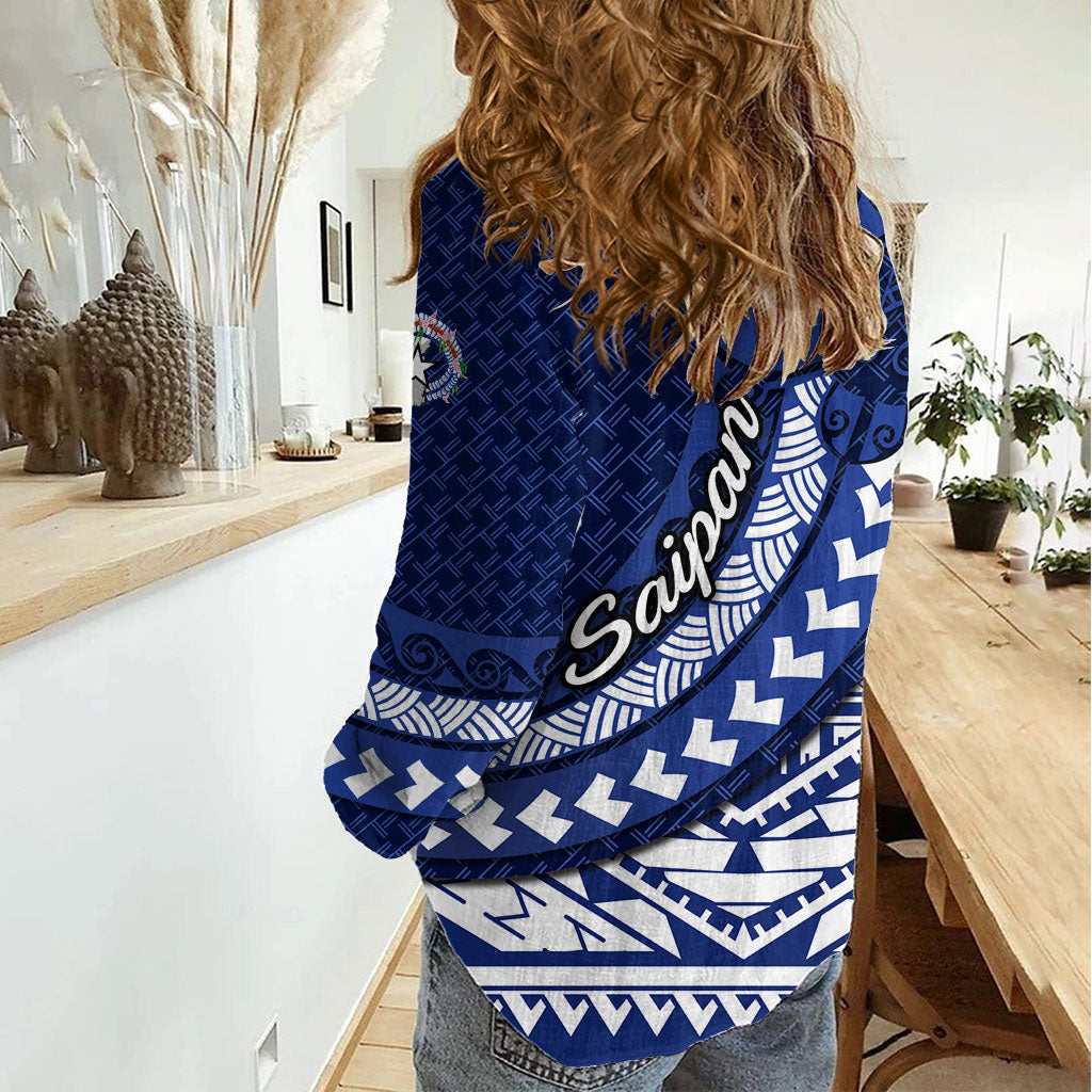 Northern Mariana Islands Saipan Women Casual Shirt Polynesian Tribal Pattern - Commonwealth Seal Art