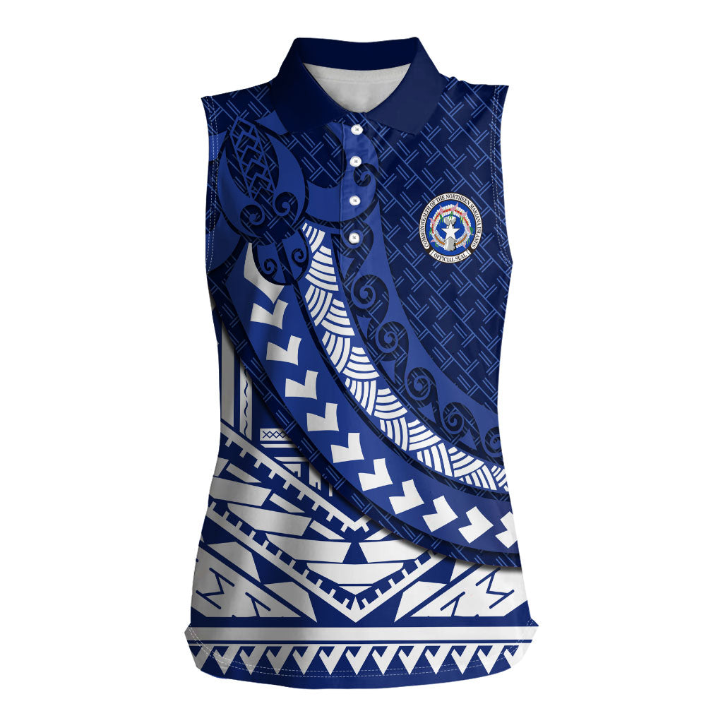 Northern Mariana Islands Saipan Women Sleeveless Polo Shirt Polynesian Tribal Pattern - Commonwealth Seal Art TS04 Female Blue White - Polynesian Pride
